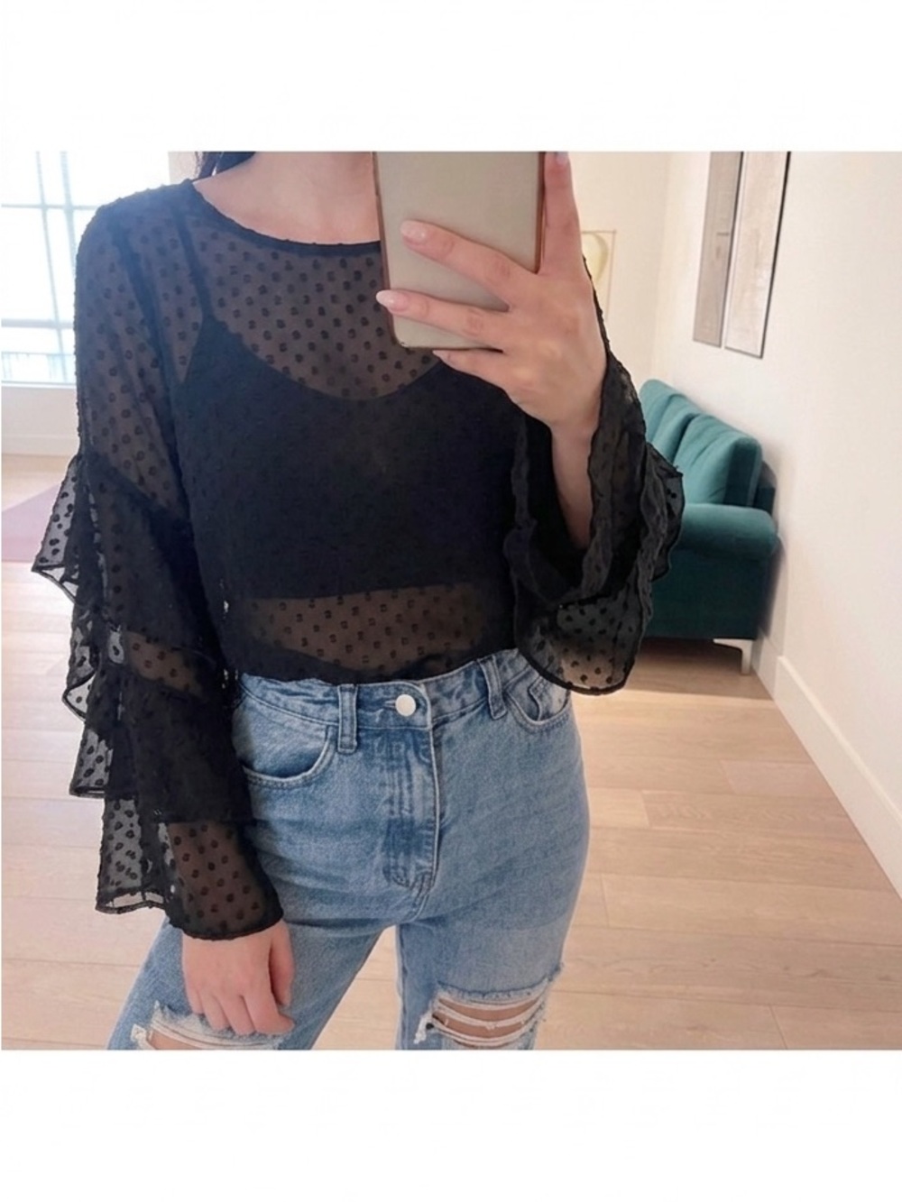 Ann Taylor Black Sheer Polka Dot Ruffle Sleeve Blouse